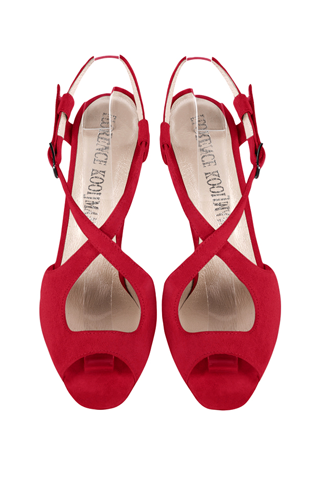 Women's cardinal red elegant cross straps sandals. Round toe. High slim heel - Top view
